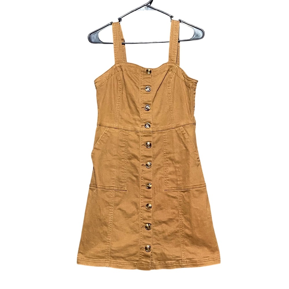 Altar'd State Women's Torryn Mini Dress Small Tan Brown Button Front Pinafore